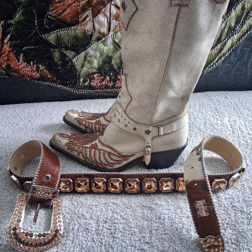 MIA Cream and Brown Heeled Boots with Belt